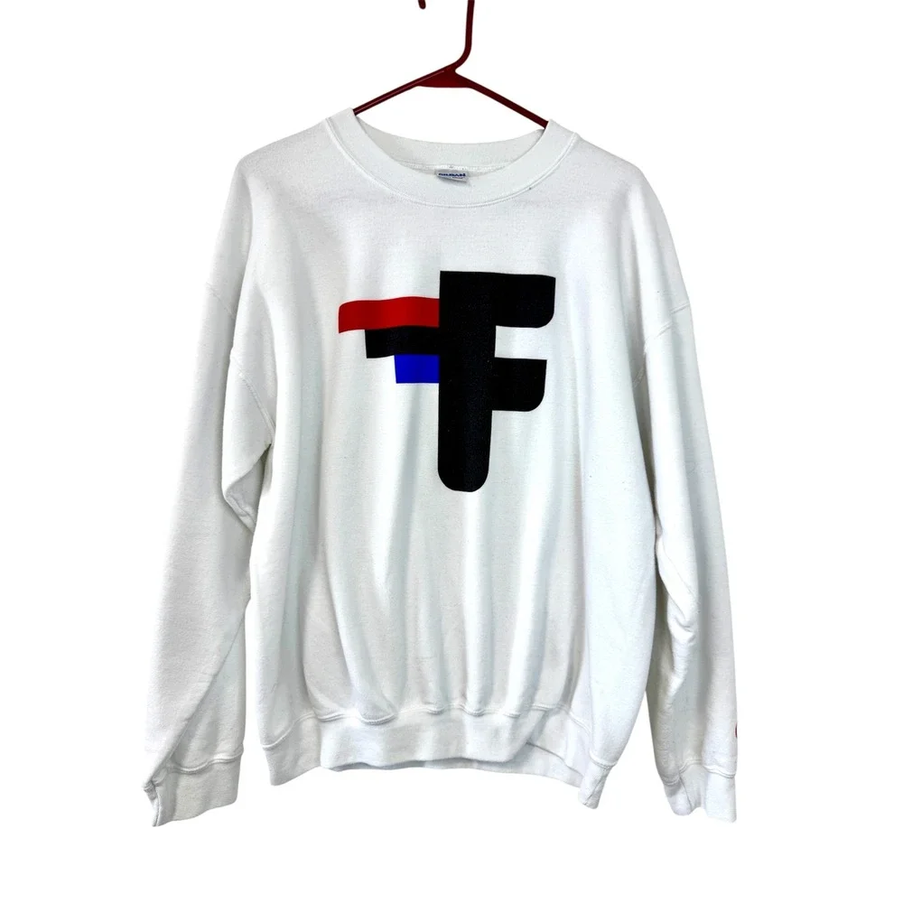 Gildan Heavy Blend White F Graphic Logo Crewneck Sweatshirt Collab Sleeve Mens L - Picture 2 of 12